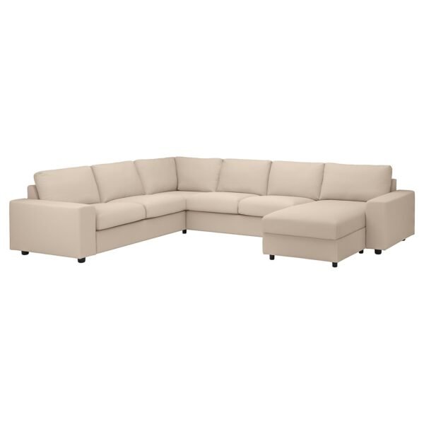 Corner sofa 5seat w chaise longue with wide armrests beige