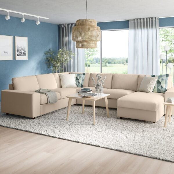 Corner sofa 5seat w chaise longue with wide armrests beige